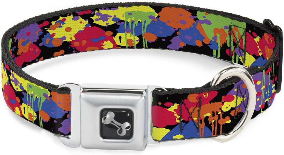 Buckle-Down Seatbelt Buckle Dog Collar - BD Paint Splatter Black/Neon - 1" Wide - Fits 9-15" Neck - Small