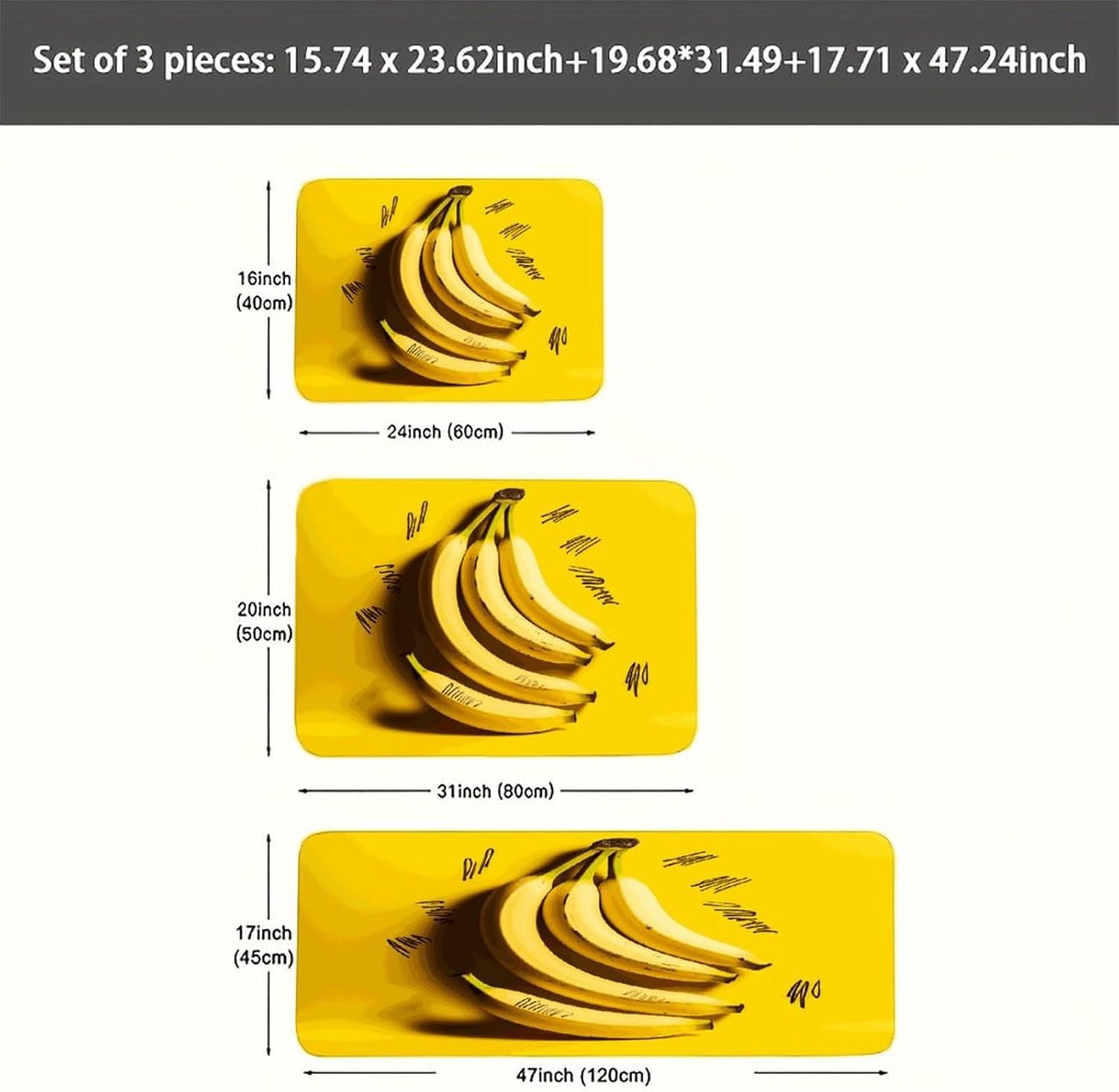 Yellow Banana Kitchen Mats Soft Absorbent Rugs for Floor Non Slip Washable Kitchen Mats Fashion Rectangular Rugs for Three-Piece Set for Laundry Office Home Sink