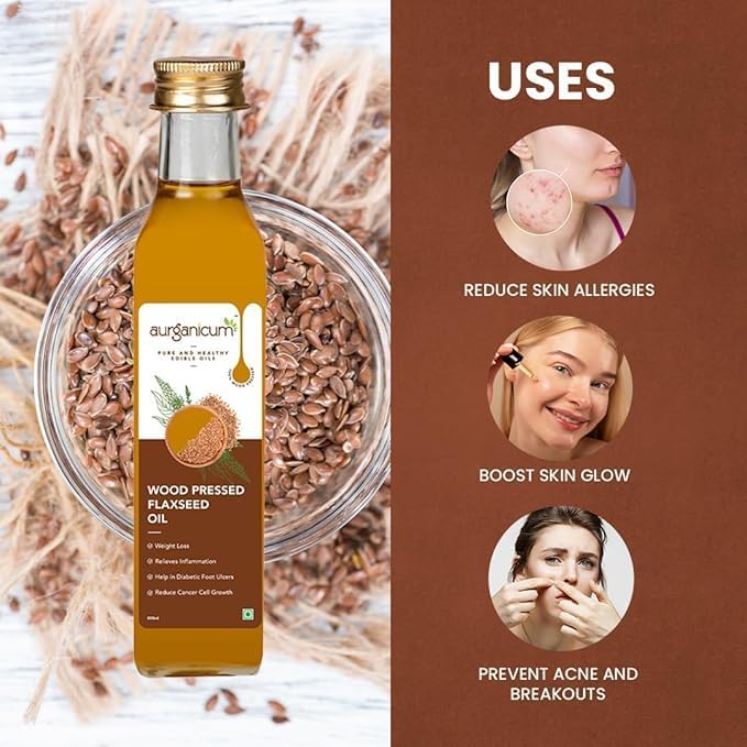 Aurganicum wood pressed flaxseed oil - 100% pure and natural | Cold-represented and unrefined | Essential oil for hair care, skin and well -being. Ideal glass bottle for cooking (500 mL | Glass) Aurganicum wood pressed flaxseed oil - 100% pure and natural | Cold-represented and unrefined | Essential oil for hair care, skin and well -being. Ideal glass bottle for cooking (500 mL | Glass)