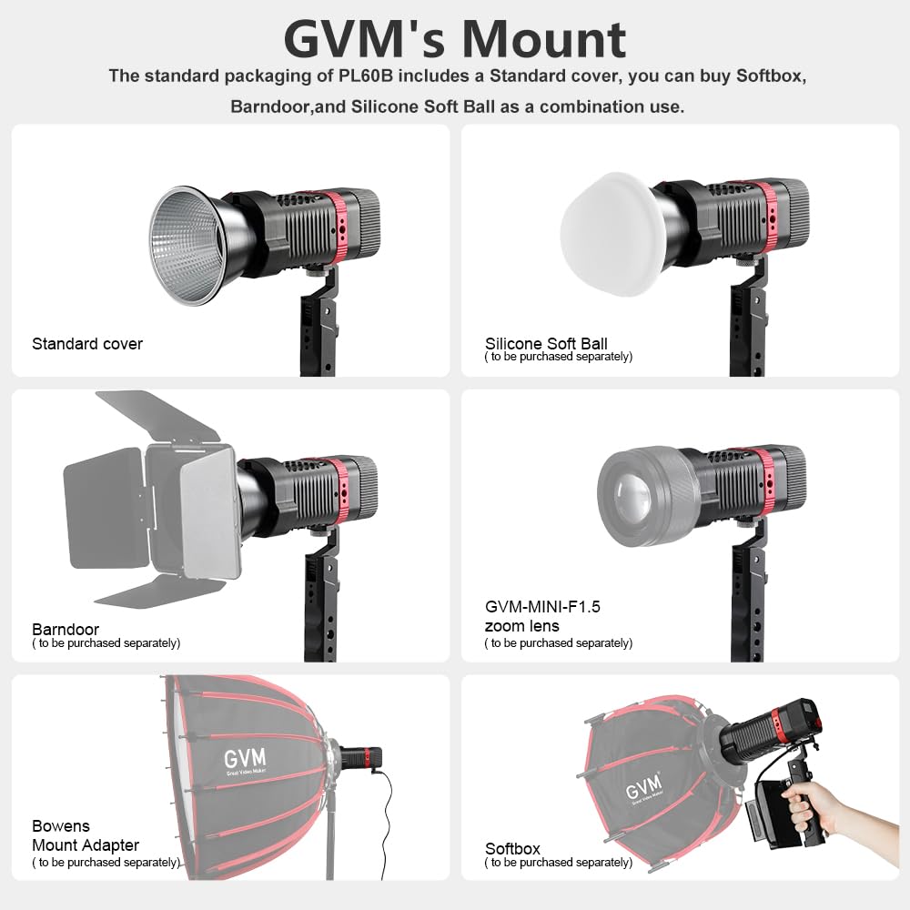 GVM PL60B - Lámpara de vídeo (60 W, para iluminación de estudio COB, iluminación de fotografía portátil para grabación, iluminación de vídeo LED portátil, proyector exterior para control por