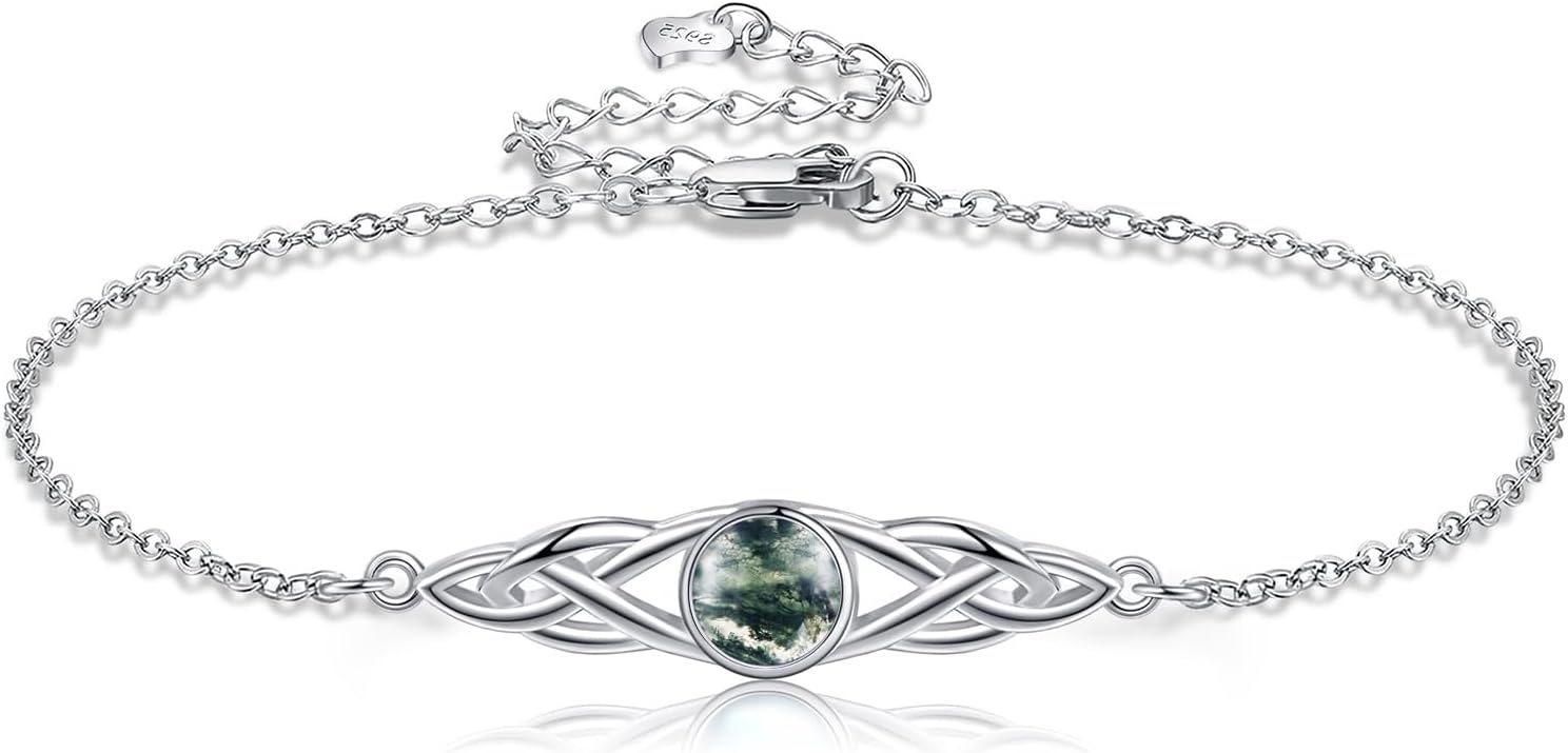 VONALA 925 Sterling Silver Celtic Bracelets for Women Irish Turquoise Moss Agate Rose Quartz Moonstone Bracelet Knot Viking Gemstone Mustard Seed Jewelry