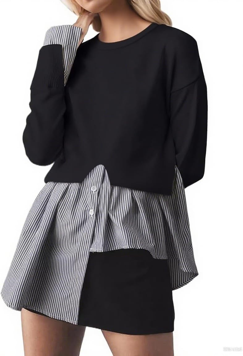 Womens Slit Crew Neck Patchwork Sweater 2 in 1 Asymmetrical Hem Pullover Knit Sweater Button Down Contrast Shirt Tops