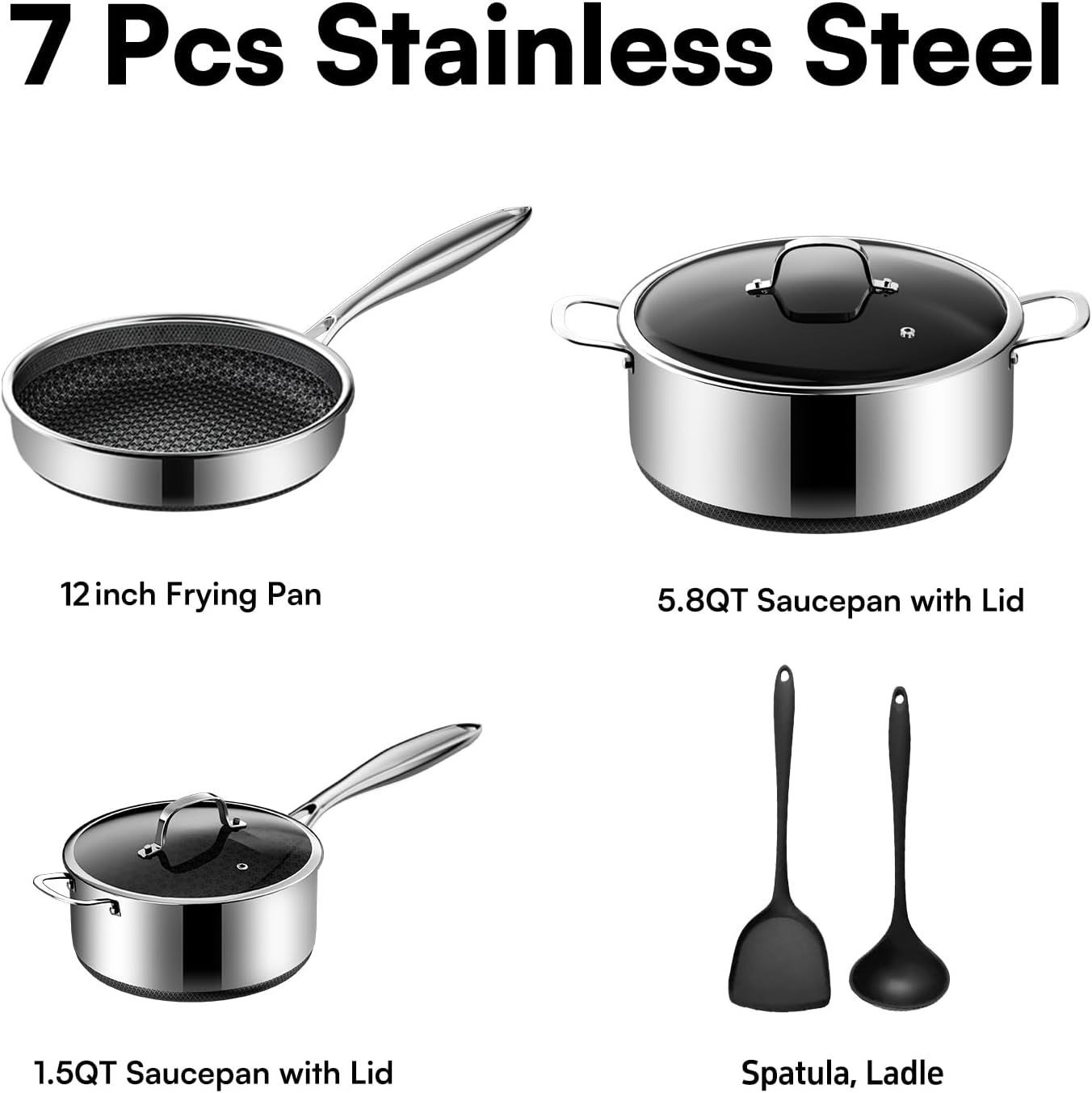 7-piece 5 ply stainless steel cookware set with lids, pots and pans set non stick, non-toxic, for induction, oven, dishwasher safe, rv essentials, kitchen appliances