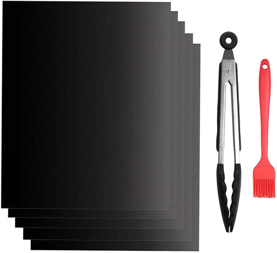 GOFRIEND BBQ Grill Mat Set of 5, Non-stick Barbecue Grill & Baking Mats for Baking on Gas, Charcoal, Oven and Electric Grills - Reusable - Free 12" BBQ Tongs and Silicone Brush