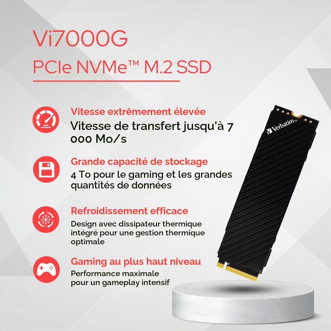 Verbatim SSD interne Vi7000G NVMe M.2 1To, disque SSD interne PCIe Gen 4, jusqu’à 7400 Mo/s en lecture, SSD haute performance, idéal pour tous les Pc gaming et PlayStation 5, noir