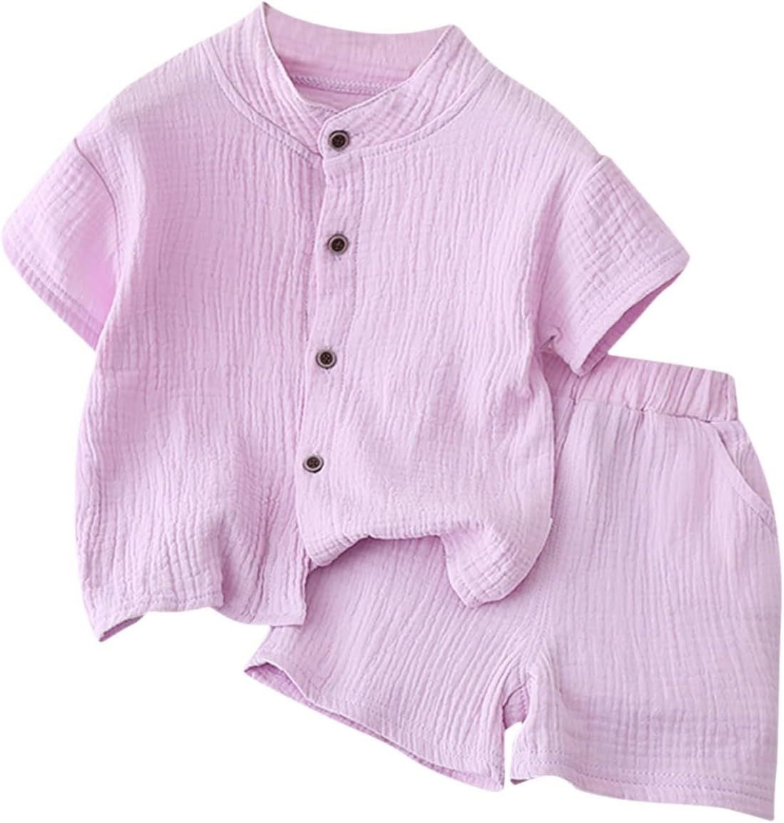 Toddler Baby Breathable Linen Blend Short 𝐏a𝐣ama Set Boys Girls Button Down Shirt and Shorts Loung𝐞wear Relaxed Fit 𝐏𝗝s