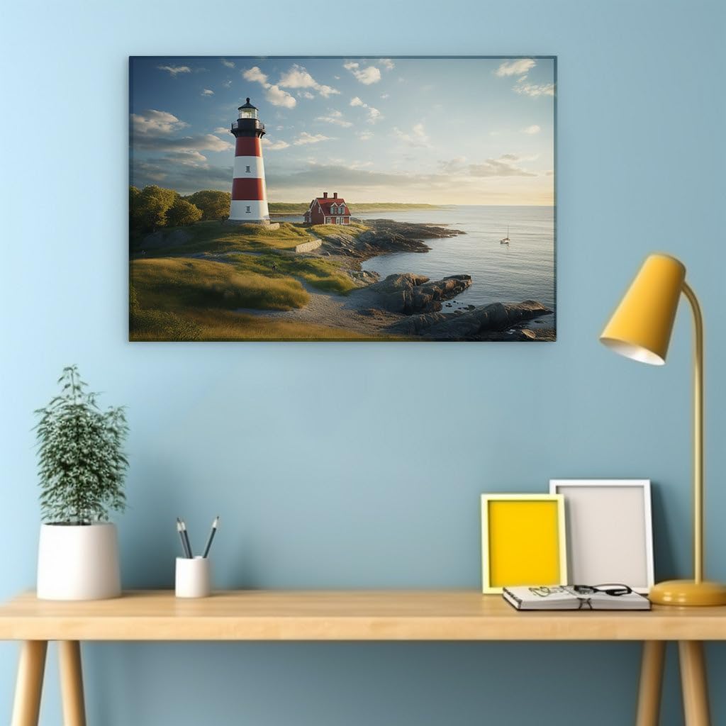 Canvas for Living Room. Lighthouse Serenity � A Timeless Coastal Haven Where Land, Sea, and Sky Embrace, 27 x 18 inch Canvas Wall Art - Contemporary Masterpieces - Modern Home Decor