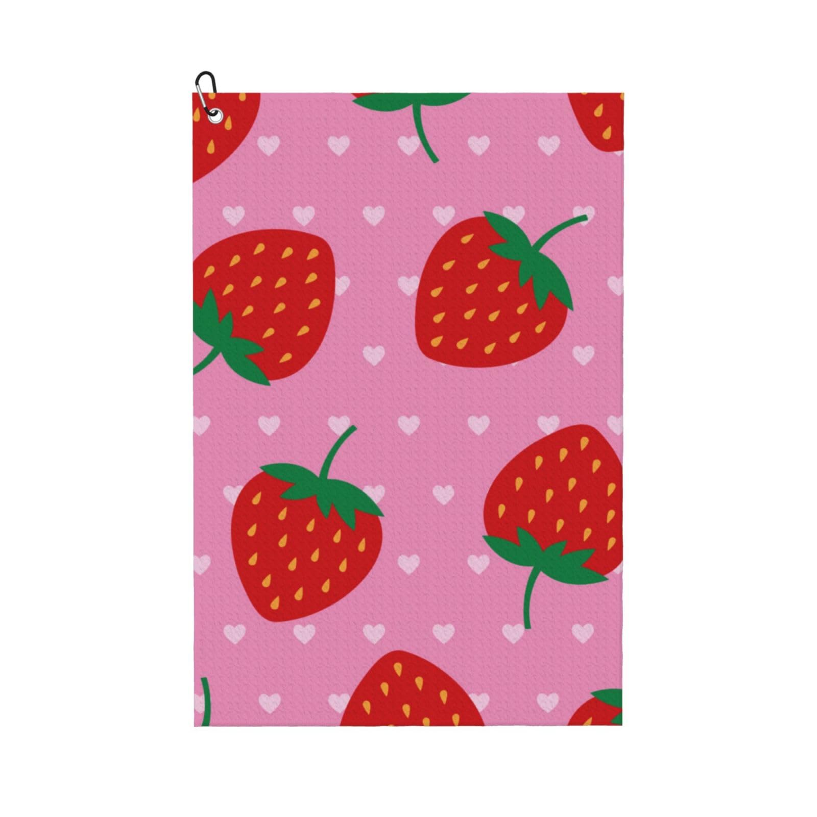 Hnnkloy Strawberries Heart, 16x24 in Portable Waffle Golf Towels with Carabiner Clip for Golf Bag