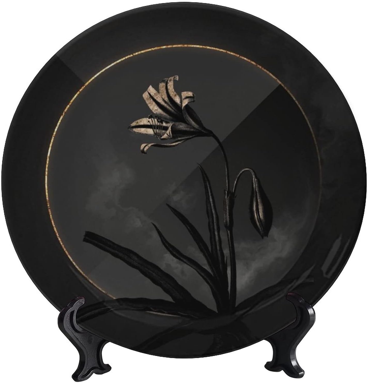 Pattern Decorative Ceramic Wall Plate Dark Amaryllis Shadow Gold Porcelain Stoneware Round Plate Ceramic Ornament for Dining Table Tabletop Home Decor 8 inch