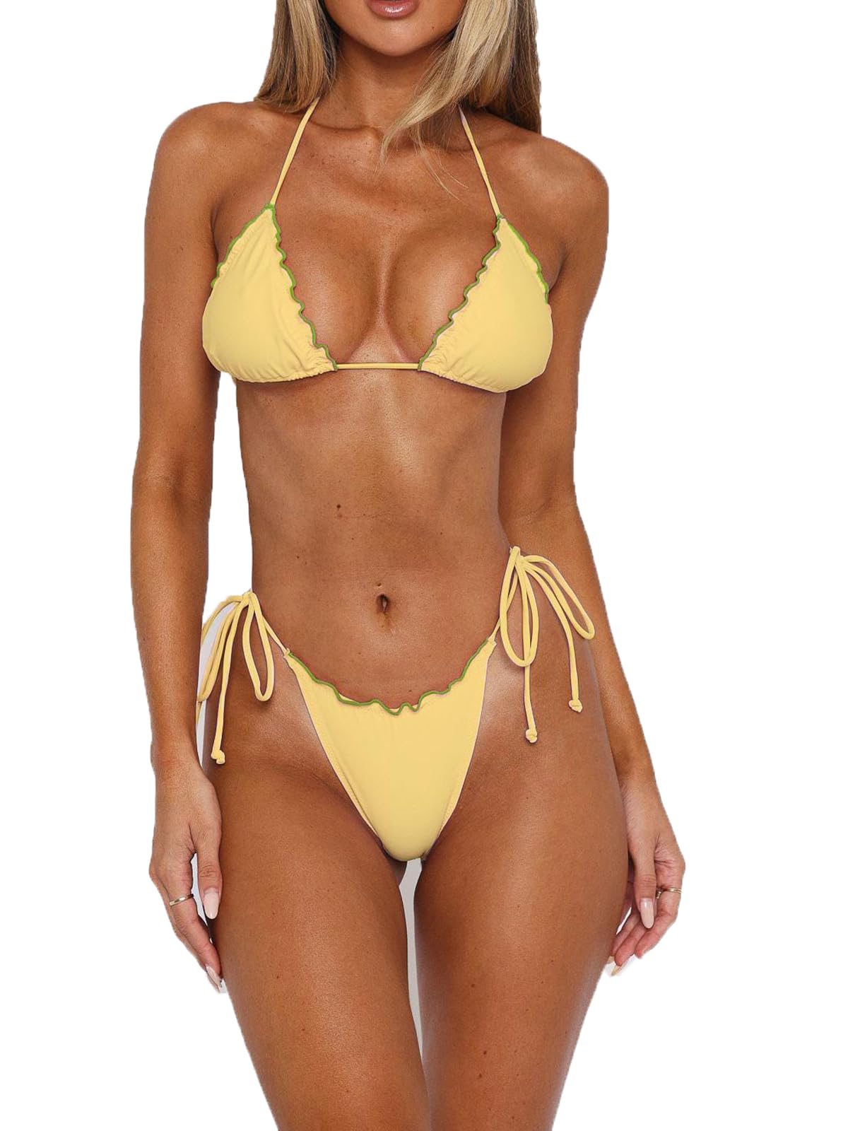 Photo 1 of VnimVinter Women Sexy Brazilian Bikini Set Halter String Triangle Tie Side Cheeky Thong 2 Piece Bathing Suit Swimwear (Yellow with Ruffle, S)