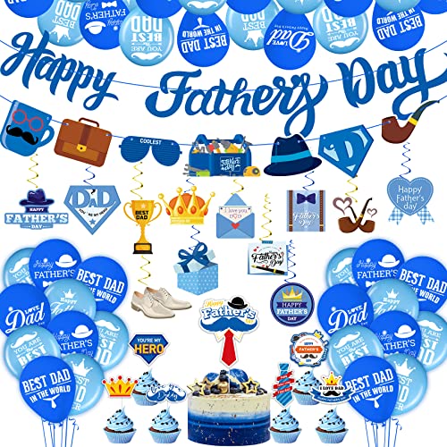 Funnlot Happy Father's Day Decorations 64pcs with Banner, Cake Topper, Balloons, Ceiling Hangings & More in Red & Mint Colors