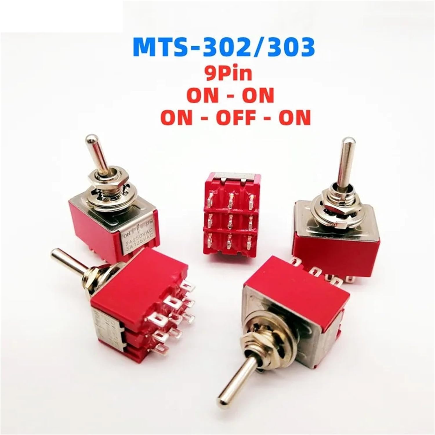 9Pin Toggle Switches Red 2/3 Position DPDT 6A/125V-3A/250V AC MTS-302 Push Button 1/4Pcs(MTS-303 ON-Off-ON,1 PCS)