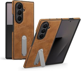 360 Rotae Kickstand Leather Case for Samsung Galaxy Z Fold 7 6 5 4 3 5G Magnetic Heavy Duty Cover, Military Shockproof Cases Fold3,Brown