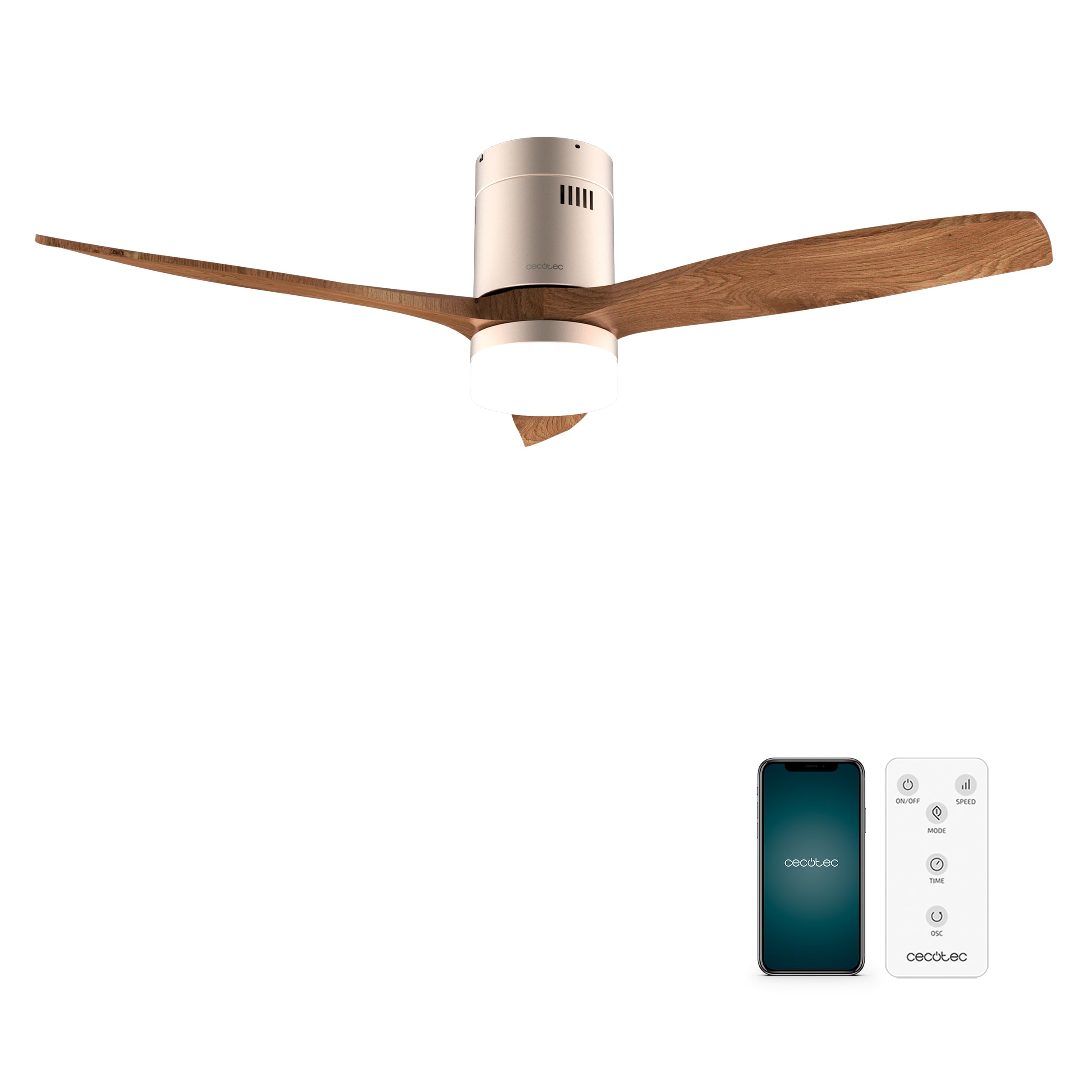 Cecotec - Deckenventilatoren mit Licht EnergySilence Aero 5600 Aqua GoldDarkWood Connected, 132 cm, 40 W, LED 20W Licht, 3 Flügel, 6 Geschwindigkeiten, Timer, Winter/Sommer Modus, Wi-Fi, Gold-Braun