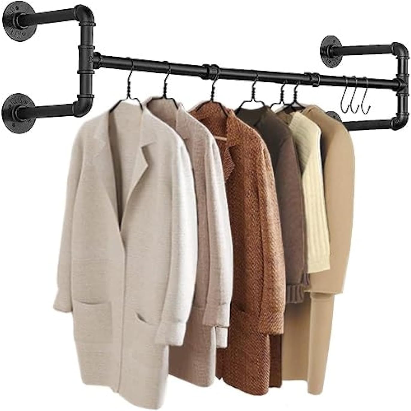 Industrial Garment Rack Industrial Pipe Clothes Rack, Wall Mounted Iron Garment Bar with Hooks, Heavy Duty Metal Clothing Pipe, Iron Pipe Clothing Garment Rail Hanging Rod Bar, Display Clothes Rod