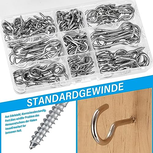 HATANSE 150 Stück Schraubhaken Edelstahl Haken zum Schrauben Hakenschraube mit Gewinde Einschraubhaken Deckenhaken für Cup Teetassen Schlüssel Lampen und Weihnachtsdekoration
