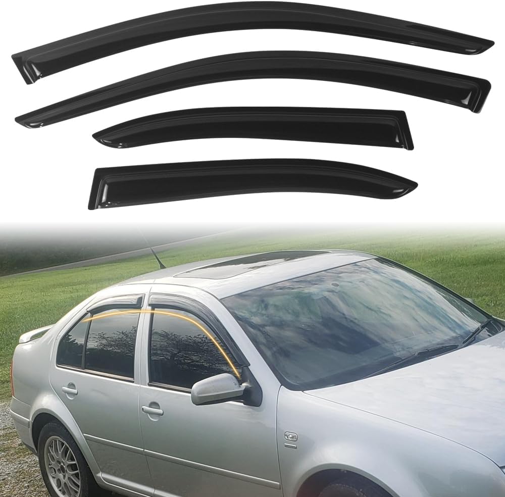 Tape on Window Visor Deflectors, Compatible with 1999-2005 Volkswagen Jetta Sedan, Acrylic Smoke Tinted Slim Style Window Rain Guards, Sun Wind Side Vent Visor Set, 4 Pieces