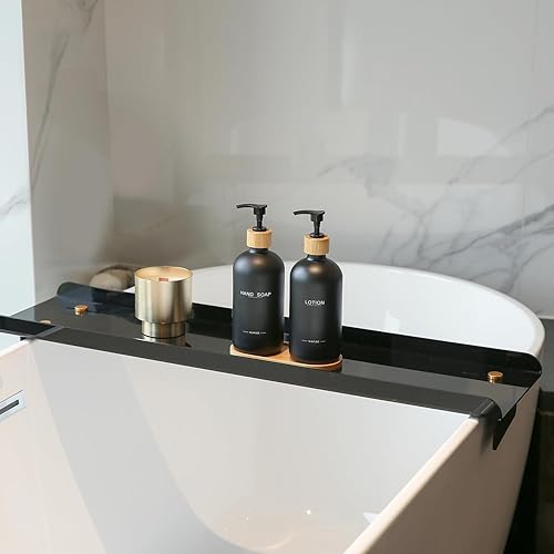 Miniatura 6 de Juego de dispensador de jabón negro, bombas y bandeja de bambú, jabón de manos y dispensador de loción, adecuado para decoración de mostrador de