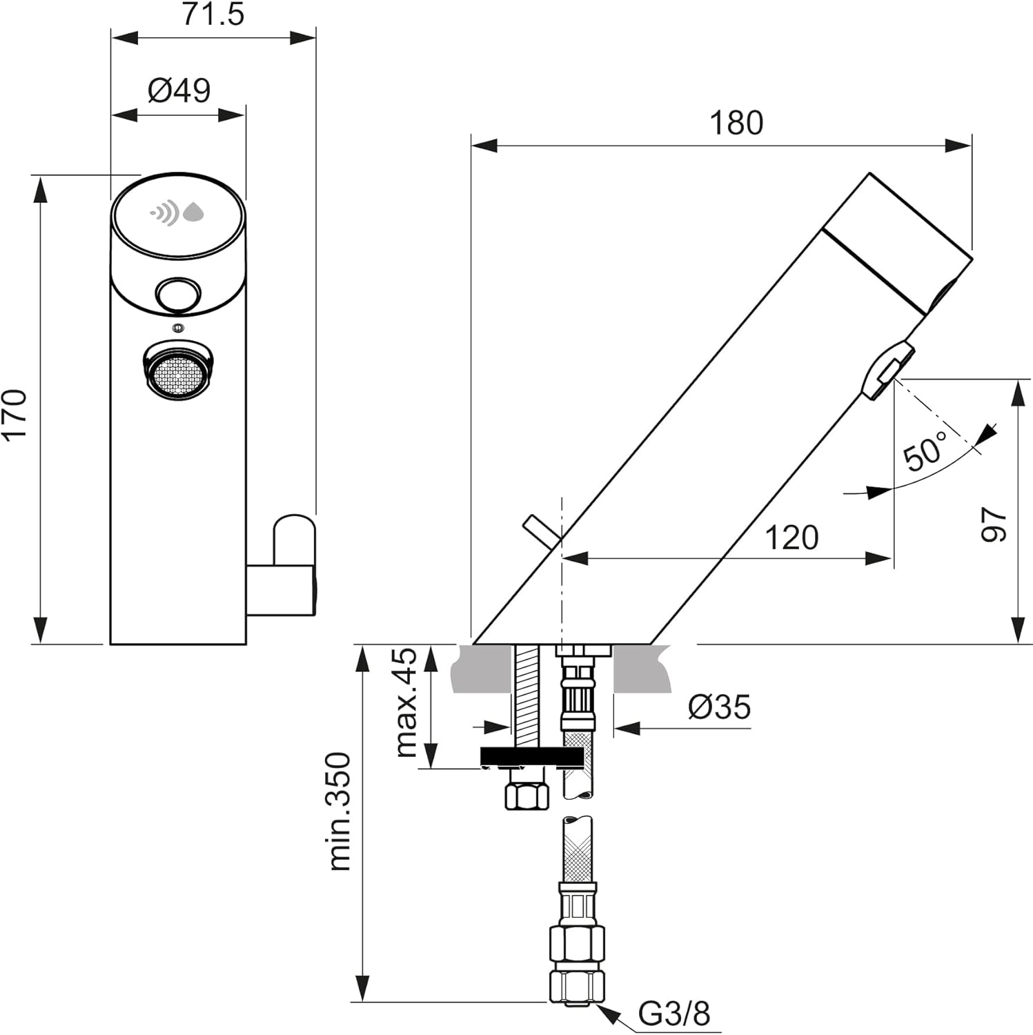Technical drawing of Ideal Standard Sensorflow Faucet with dimensions