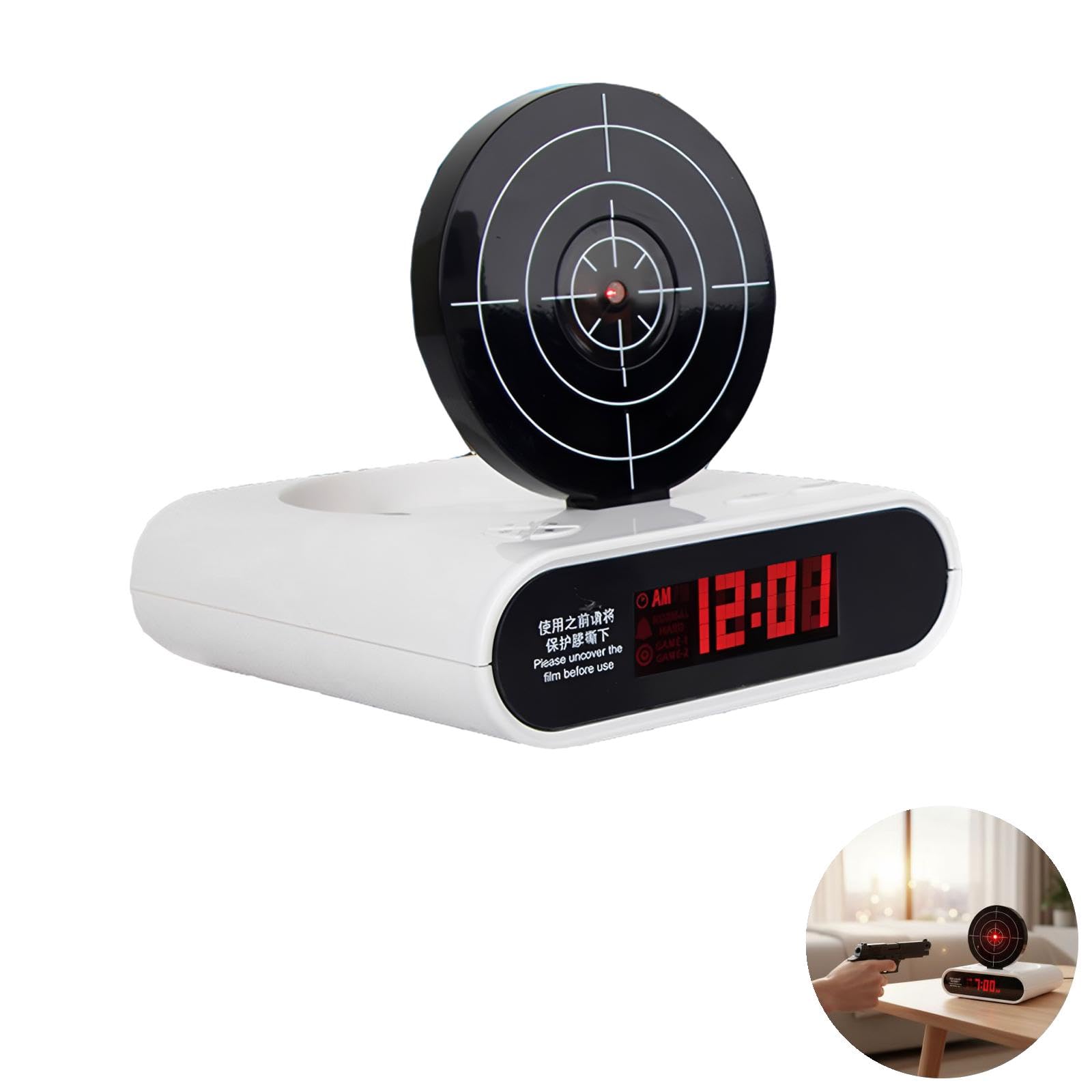 Sveglia digitale con timer per sparatutto con pistola e bersaglio, display a LED, gadget per sveglia, registrazione vocale e doppia modalità, regalo divertente per adulti, camera da letto