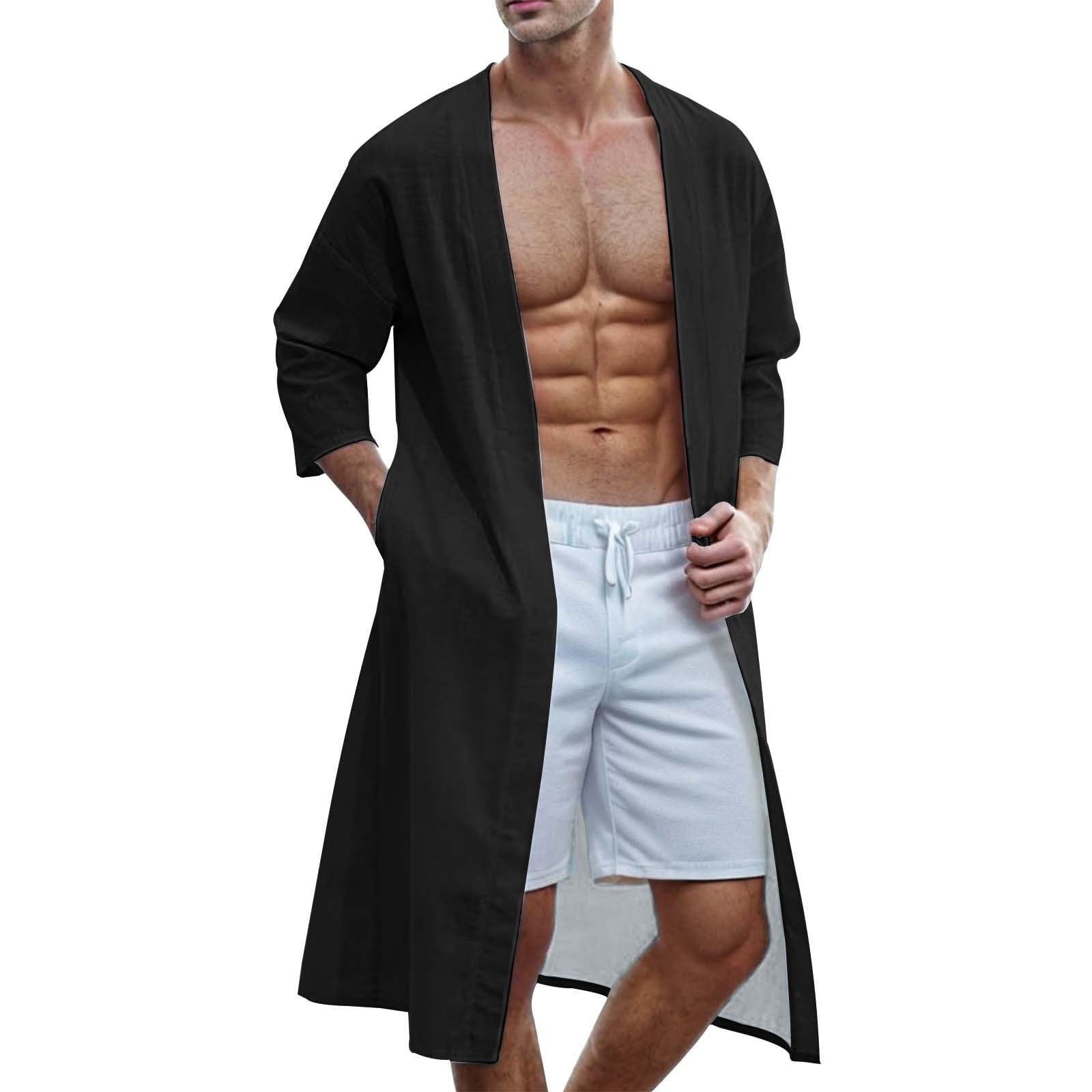 Beokeuioe Camisa de playa para hombre, chaqueta de punto de verano de algodón y camisa de lino, bata de manga larga para hombre, kimono largo, bata larga, bata de casa larga, ropa de dormir