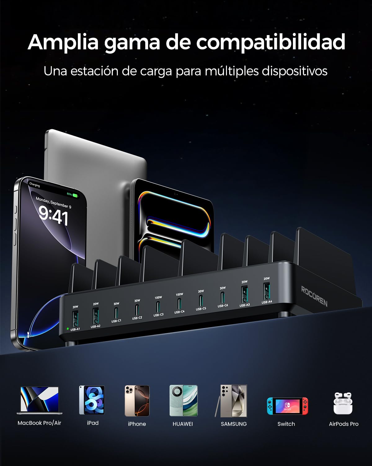 Estación de Carga Multi-Dispositivo Rocoren de 400W con USB-C, PD100W GAN 10 Puertos, Cargador de Escritorio para móviles con Carga rápida, Compatible con MacBook Pro/Air, iPh0ne y Galaxy