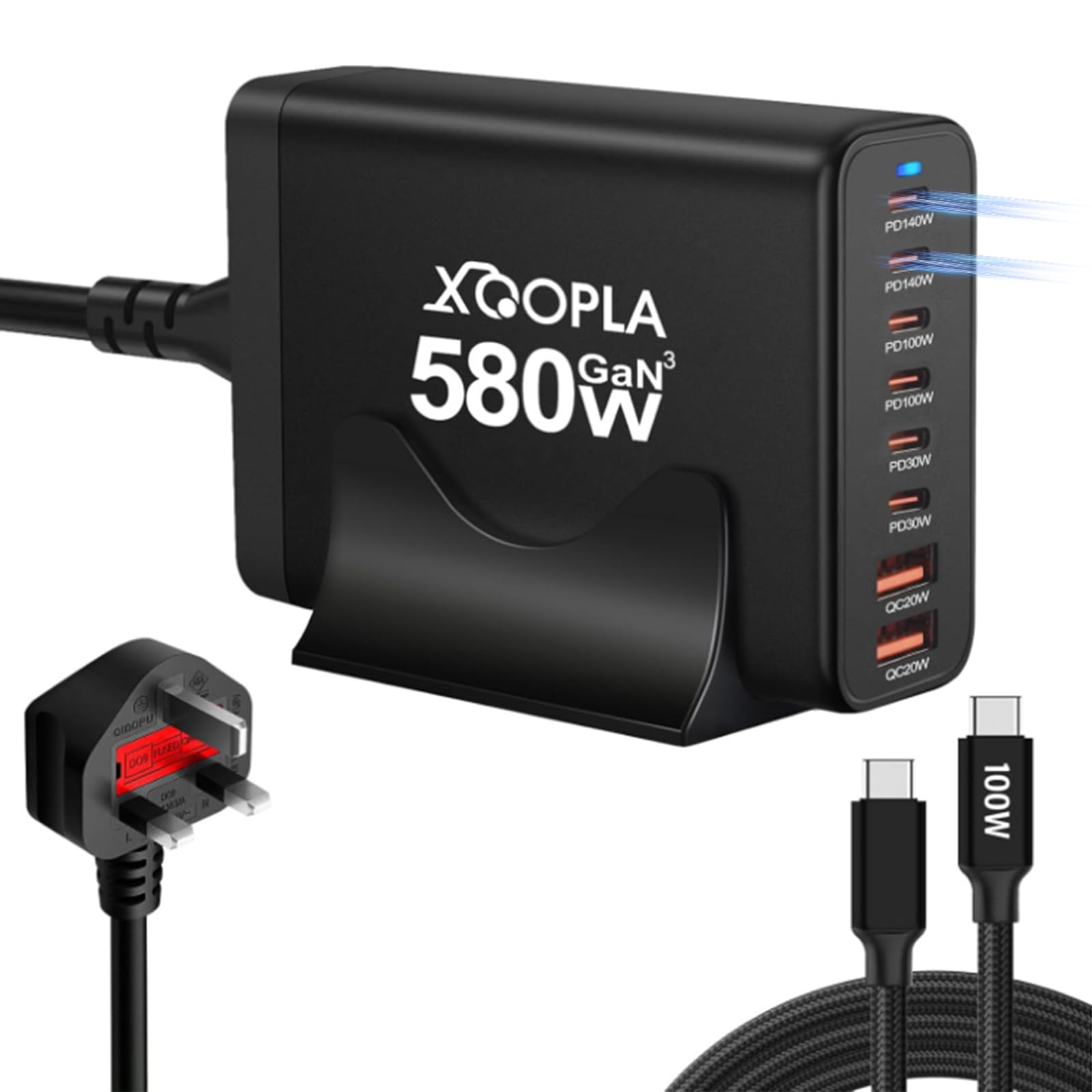 Xoopla 580W Fast Charging Station, 8-Ports USB C Charger with 2 X 140W Type C PD3.1, 100W USB C Cable, Multi Gan Charger Power Adapter Plug for iPhone, iPad, MacBook, Galaxy and More