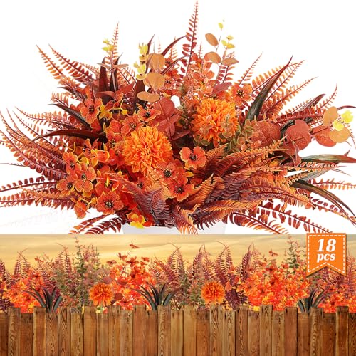LELEE 18 Bunches Fake Plants for Outdoors Fall Artificial Flowers Outdoor UV Resistant Boxwood Fake Faux Mums Autumn Plants for Thanksgiving Patio Garden Porch Window Fall Decor - Thumbnail 7
