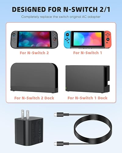 Miniatura 2 de Cargador Switch 2 Adaptador de corriente de CA de 60 W para Nintendo 21 con cable de 5 pies de largo, compatible con base de TV 4K, fuente de carga