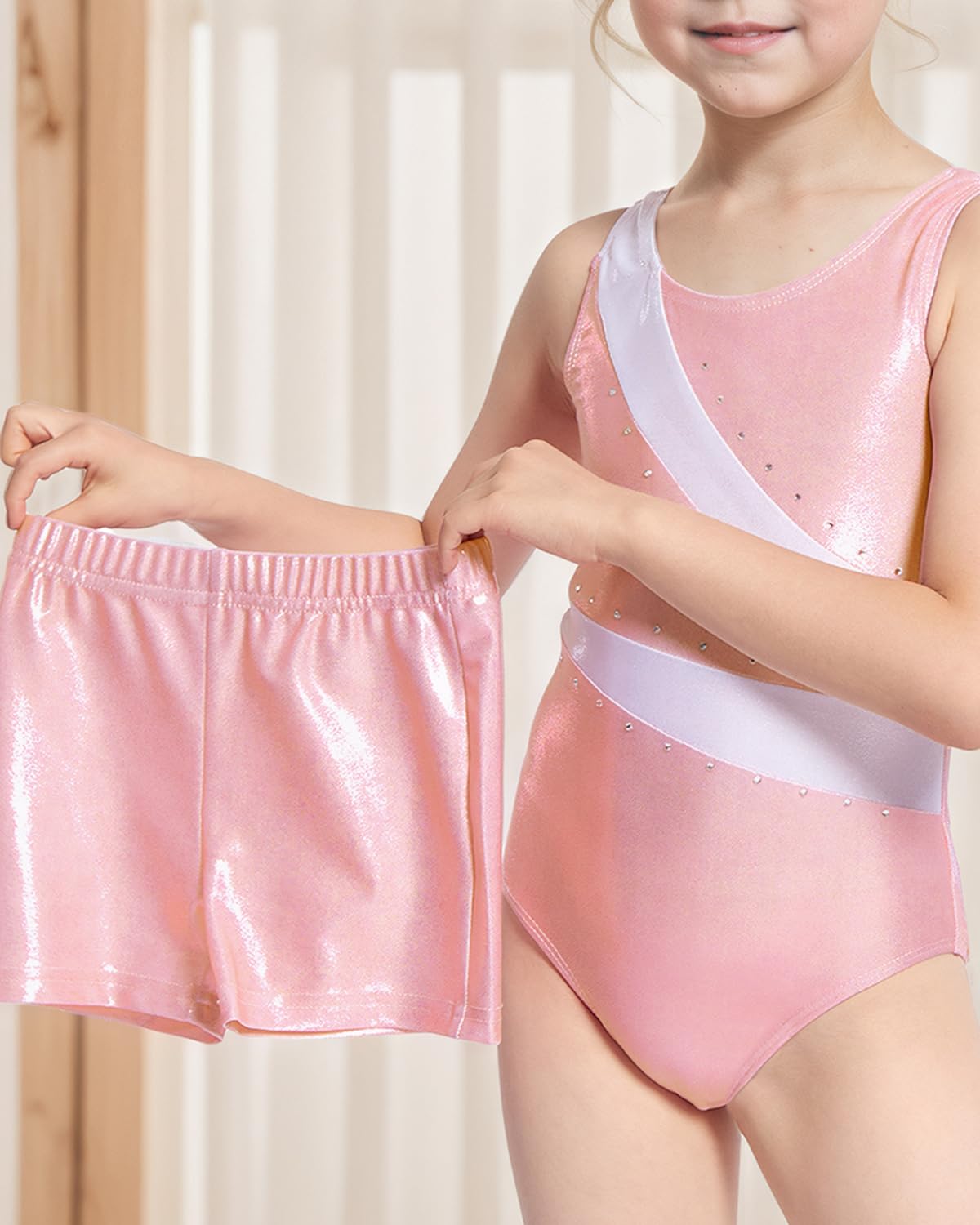 Gogokids Dziewczęcy trzyczęściowy zestaw gimnastyczny z szortami, trykot gimnastyczny dla dzieci bez rękawów, z kamieniami szlachetnymi, błyszczący strój gimnastyczny z kolorowymi blokami, atletyczna