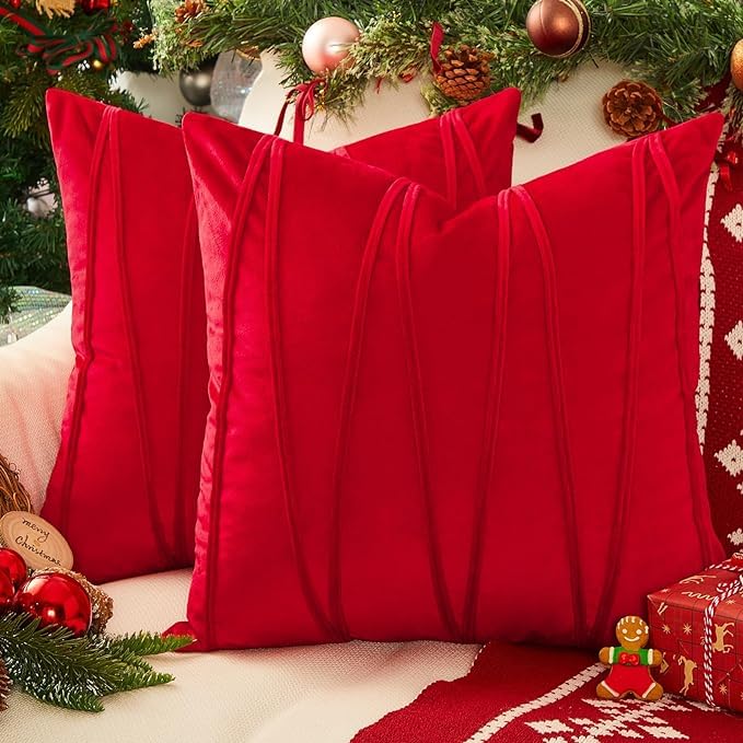 Image of Amazon Brand - Umi Decorative Striped Throw Pillow Covers 24 X 24 Inch,Soft Solid Velvet Pillow Covers Cushion Case with Zigzag Pattern for Sofa Bedroom 60 X 60 Cm (Pack of 2) Red