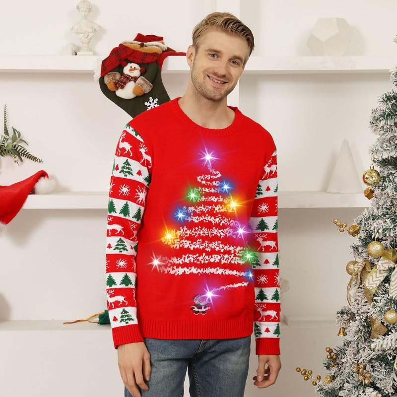 Kouric Maglione Natalizio Donna con Luci, Maglione Natale LED Divertente, Maglioni Natalizi Famiglia Coppia Luminoso Maglioncini di Natale Brutti, Ugly Christmas Sweater per Adulti/Bambina