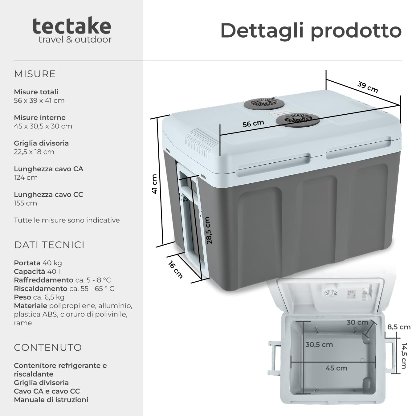 TecTake® Frigorifero Portatile e Scaldavivande 2 in 1, Mini Frigo con Modalità ECO da Campeggio con Maniglie Pieghevoli e Ruote, Portatile Elettrico Ideale per Casa e Auto - 40L