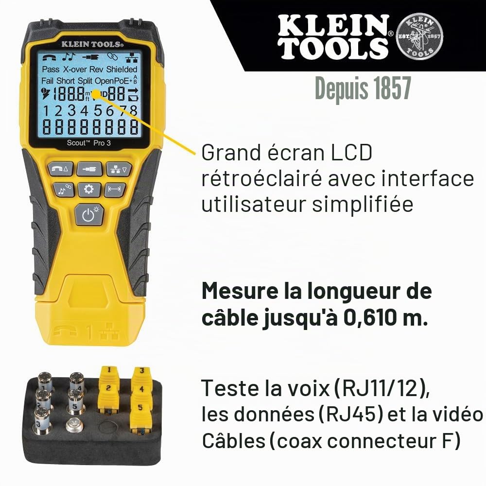 Klein Tools Scout® Pro 3 VDV501-851E Kit de testeur de câble Ethernet avec identification à distance pour RJ45, RJ11, coaxial, avec adaptateur de câble et 5 unités à distance, test réseau et