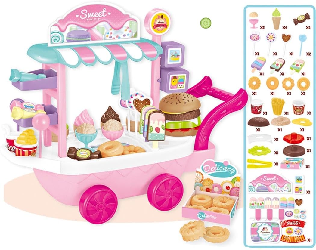 Ice Cream Toys for Kids, Toy Food Kicthen Pretend Play Toy for Girls, Ice Cream Cart Toy Set, Include Candy Cake Hamburg, Sweet Treats Ice Cream Parlour Play Food & Accessories, Birthday Gift Kids 3+