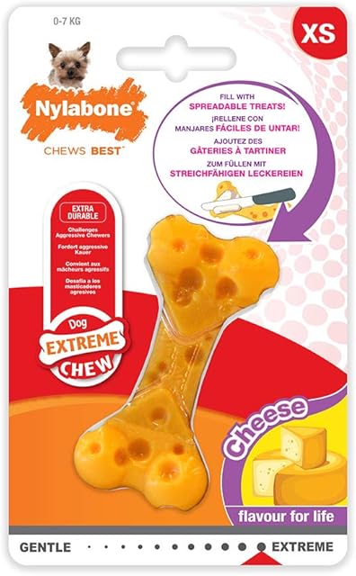 Nylabone Extreme Tough Dog Chew Toy Cheese Bone, Durable, Cleans Teeth, Cheese Flavour, X-Small, for Dogs Up to 7 kg