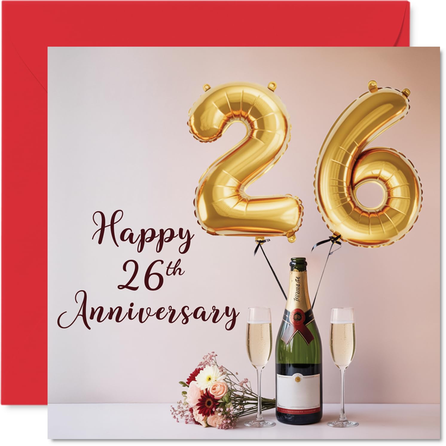 26th Anniversary Card for Women Men - Balloons & Bottle of Bubbly - Happy 26 Year Anniversary Card for Girlfriend Partner Wife Husband, 145mm Wedding Anniversaries Greeting Cards