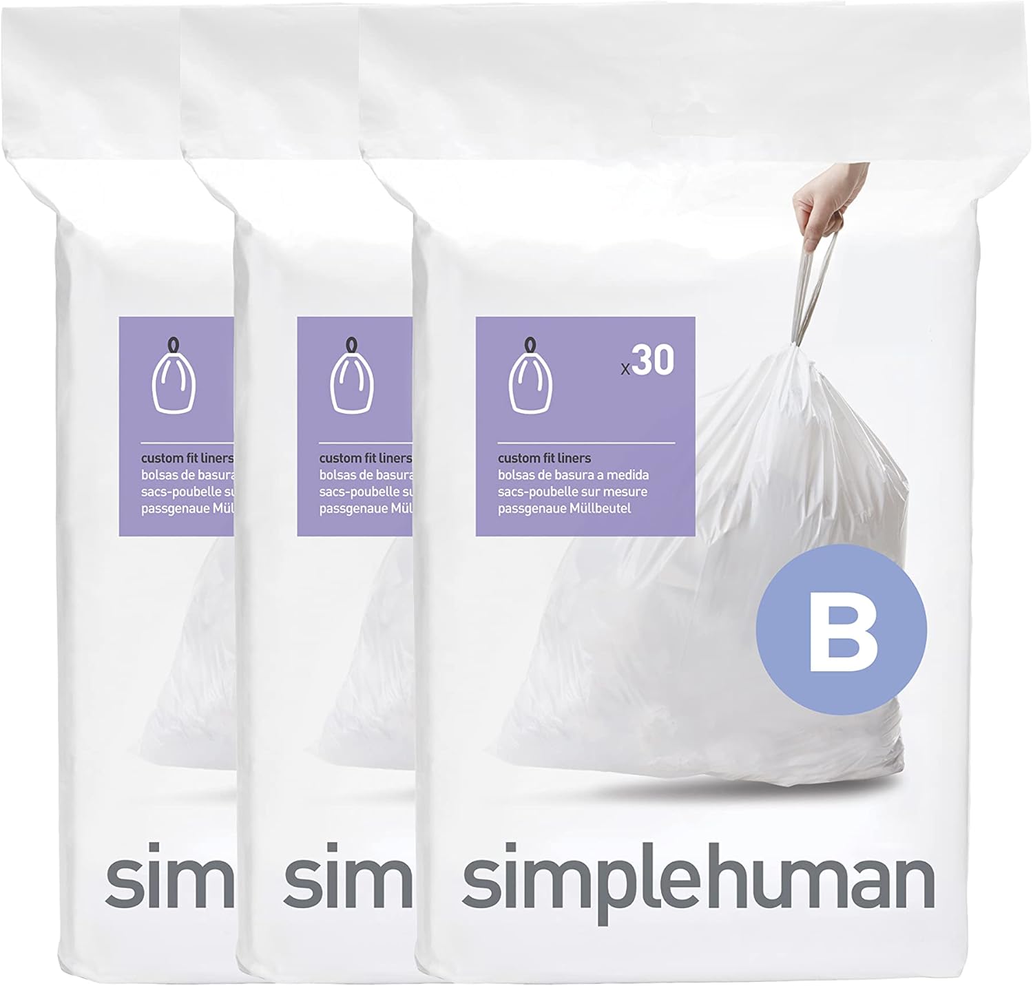 simplehuman Code B,Dispenser Packs Custom Fit Liners,Drawstring Trash Bags,6 Liter / 1.6 Gallon,White,150 Count (Pack of 2)