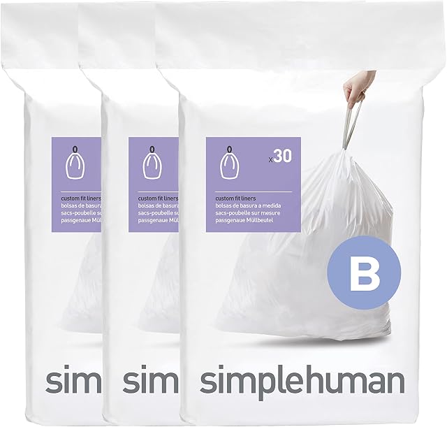 simplehuman CW0251 code B Custom Fit Bin Liner Bulk Pack, White Plastic (3 Pack of 30, Total 90 Liners)