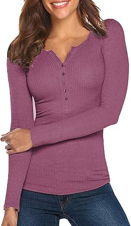 Tobrief Womens Henley Shirts Long Sleeve V Neck Ribbed Button Down Knit Sweater Fitted Tops