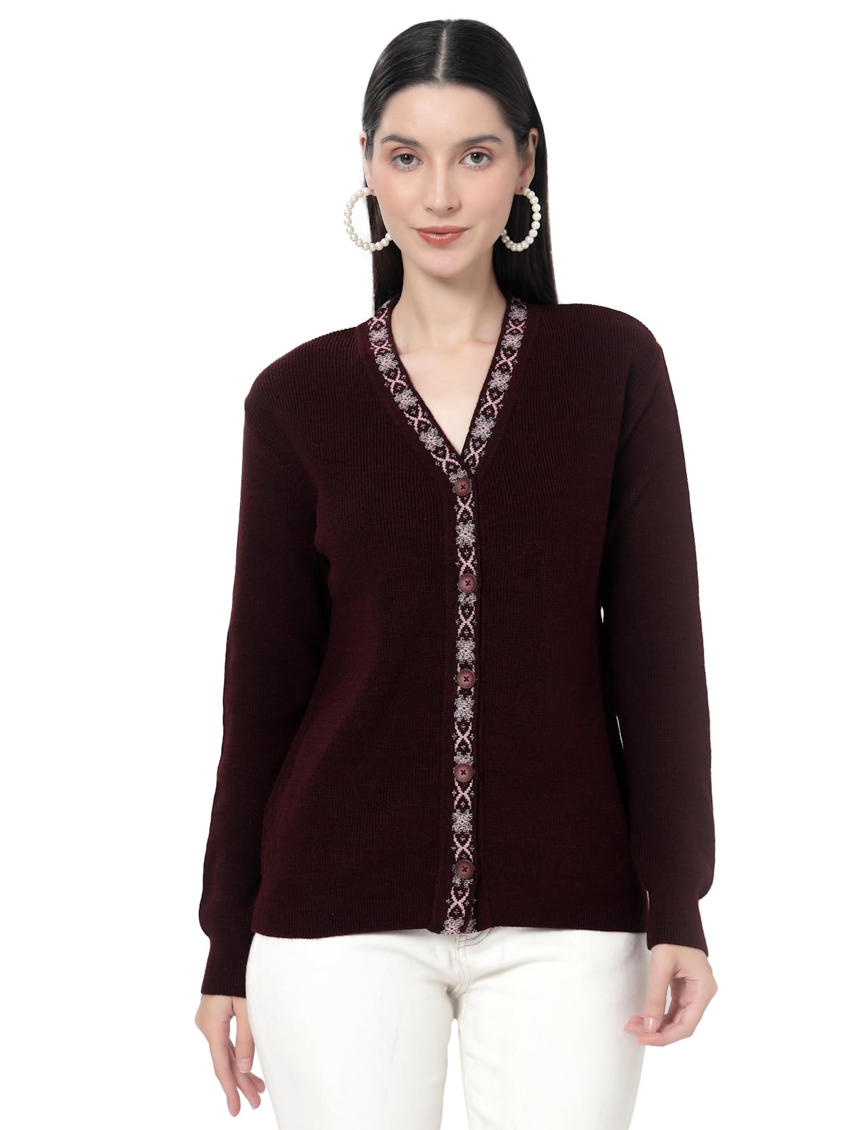 Women Full Sleeves V-Neck Acrylic Jacquard Sweater-image-1
