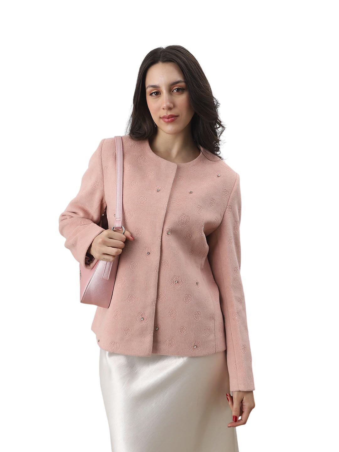 Women Round Neck Long Sleeves Floral Self Design Embellished Wool 2 Pockets Winterwear Overcoat-image-17