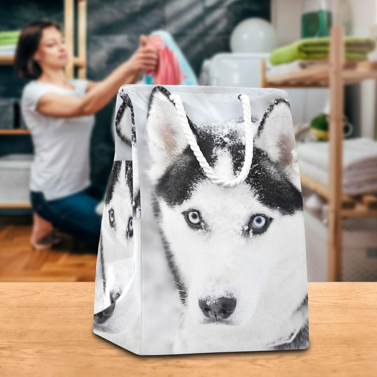 Großer Wäschesack mit Husky-Motiv, freistehend, faltbar, mit Tragegriffen