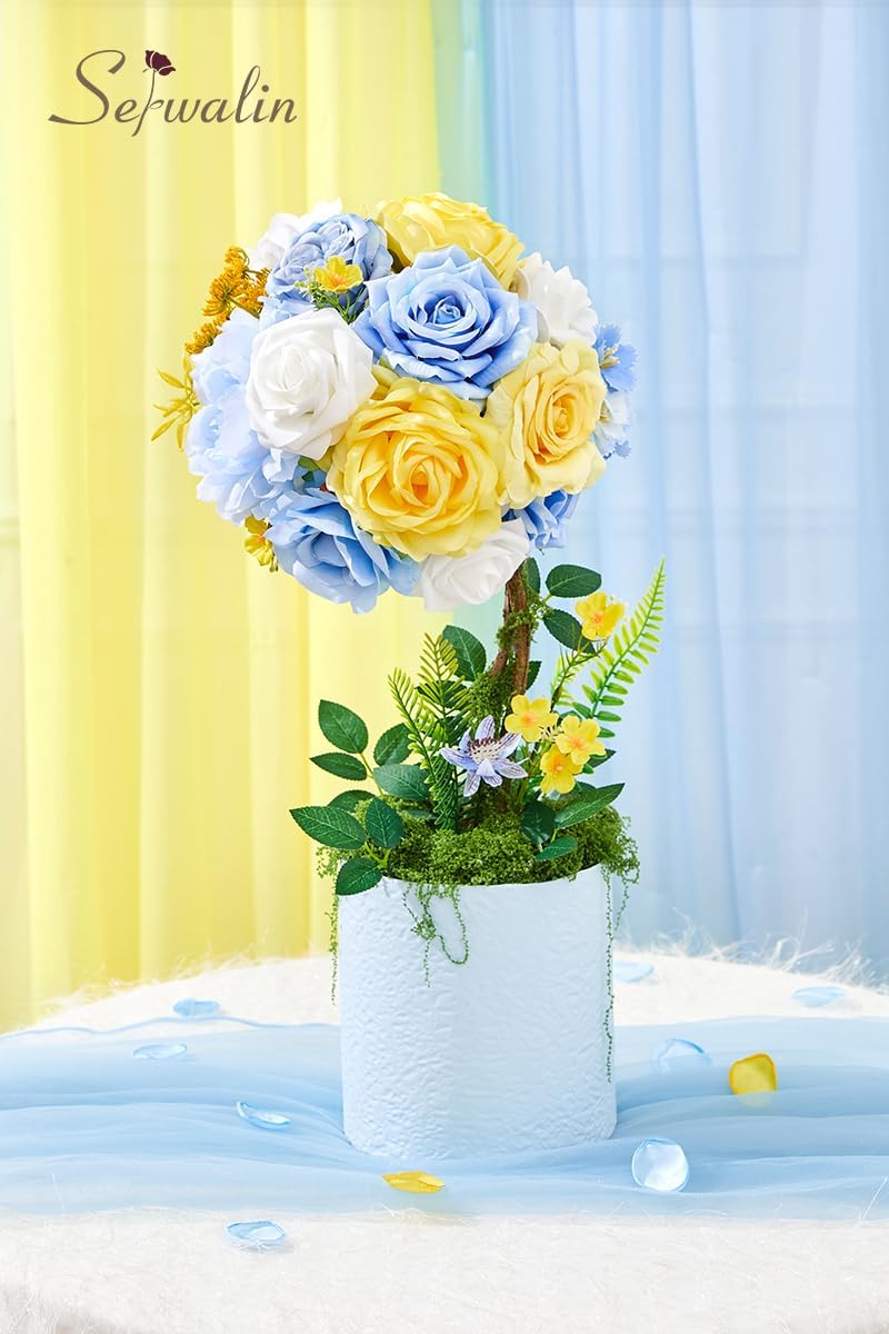 Serwalin Artificial Blue & Yellow Flowers, Baby Blue Silk Fake Flowers for DIY Centerpieces Boutonnieres Cake Floral Home Decoration