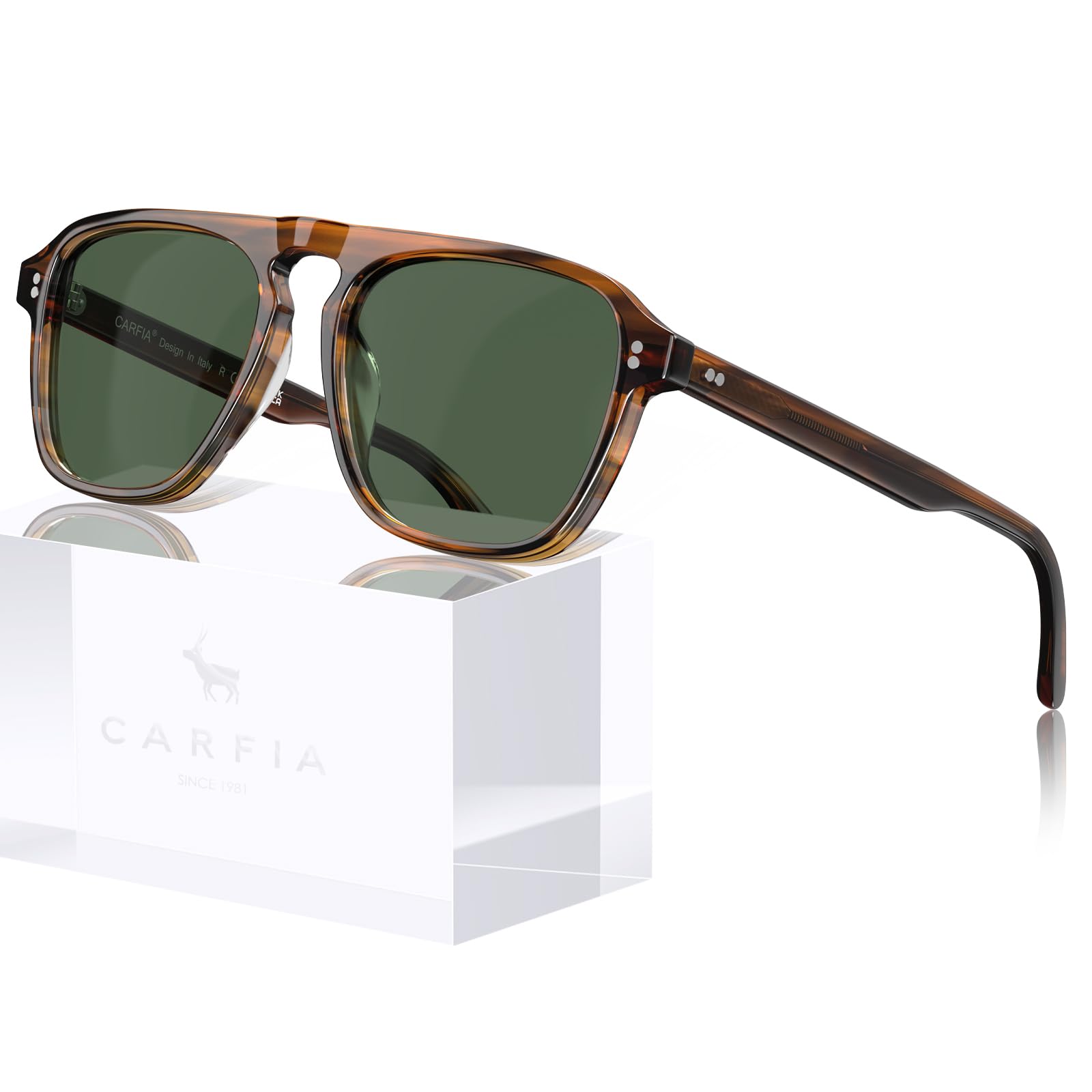 Carfia Gafas de sol polarizadas para hombre: diseño piloto, protección 100% contra los rayos UV, montura rectangular de acetato, gafas para conductores CA5355. Certificado ClimatePartner
