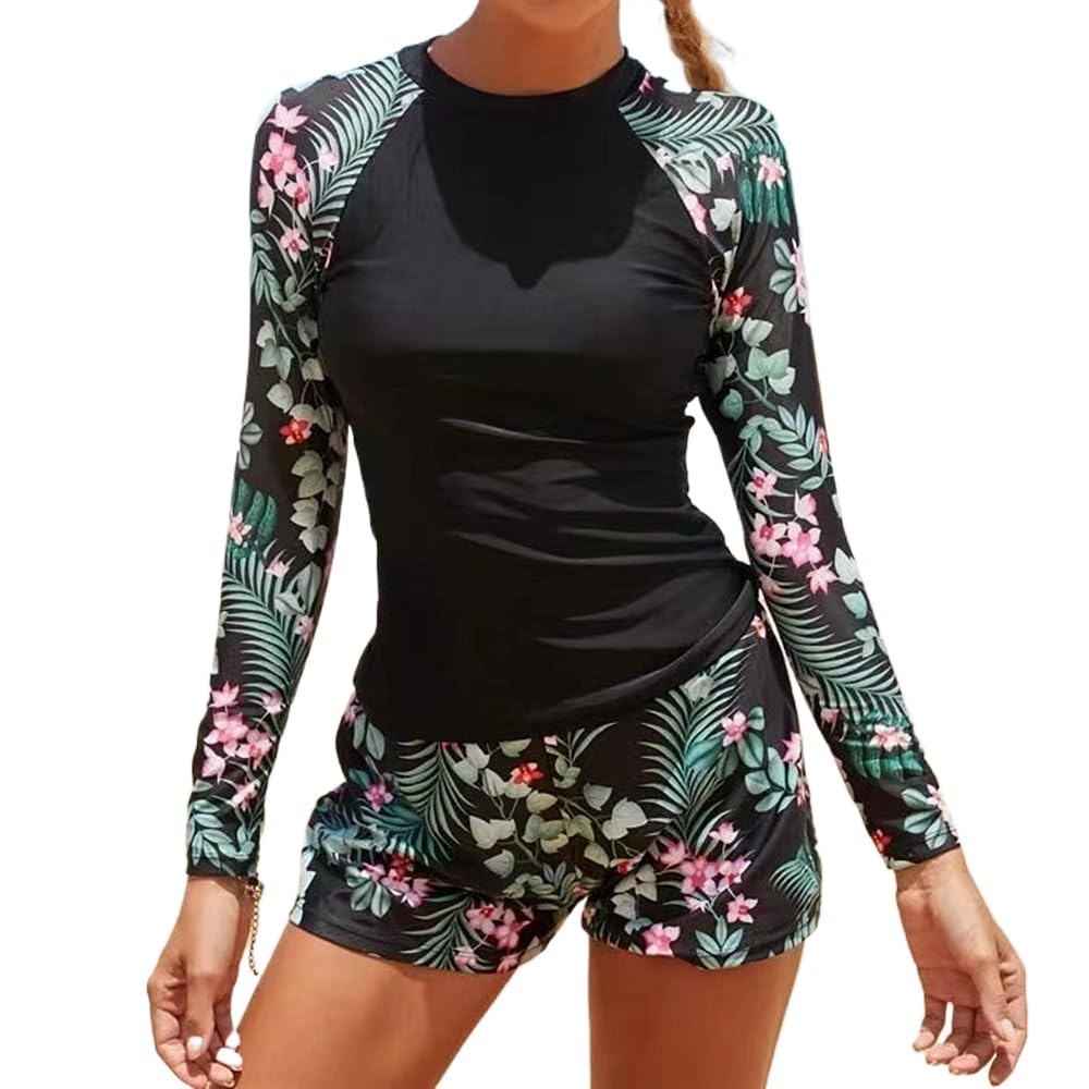 Owntop Rash Guard - Costume da bagno da donna a maniche lunghe, due pezzi con slip a vita alta e protezione solare
