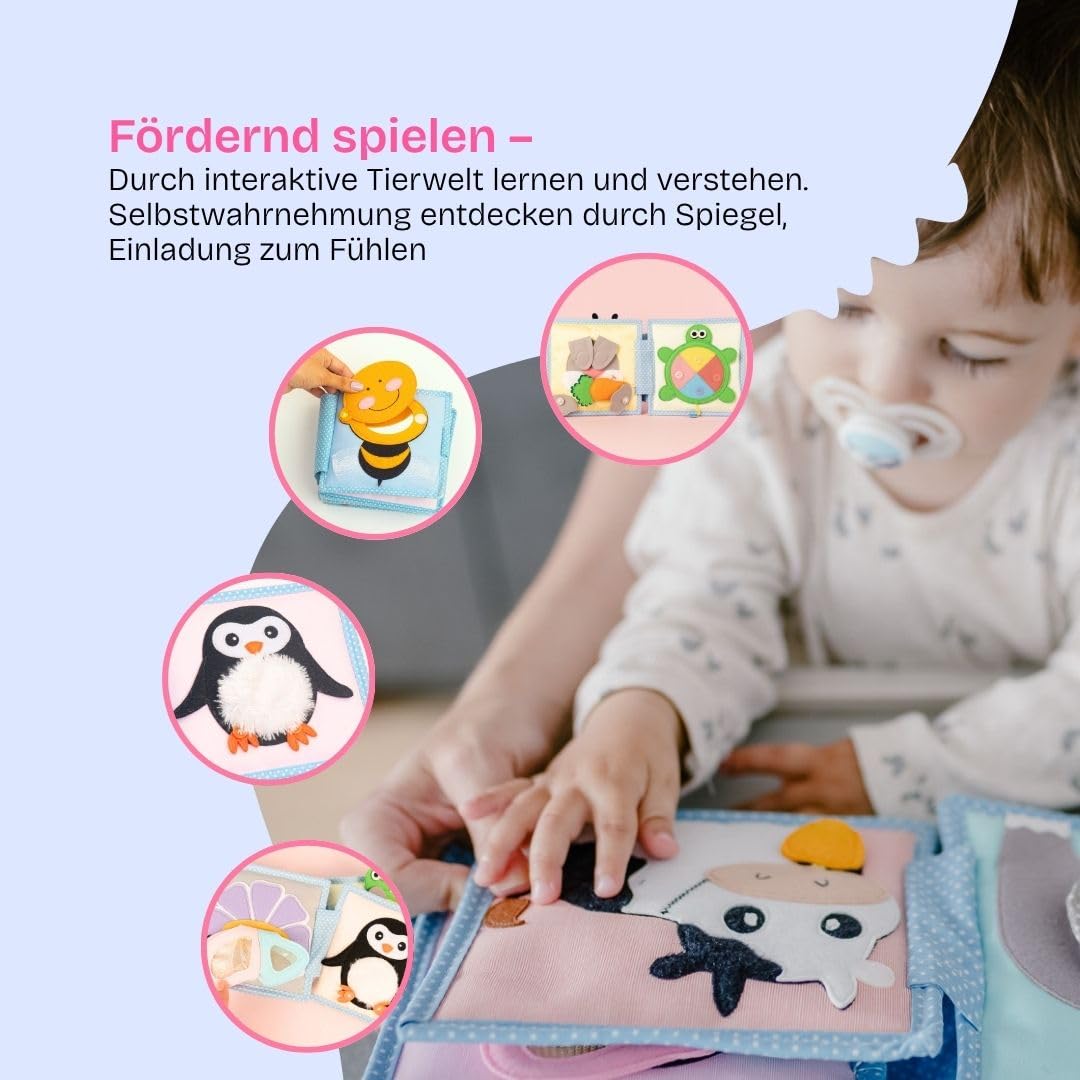 Jolly Designs – Kleine Biene - Mini Quiet Book – Montessori Spielzeug ab 6 Monaten – Motorik & Sensorik fördern – Handgefertigtes Filzbuch – Lernspielzeug für Kleinkinder – Busy Book für unterwegs