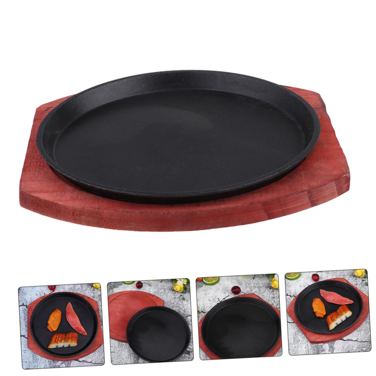 Set Piastra Sfrigolante Tonda in Ghisa con Piatto Legno
