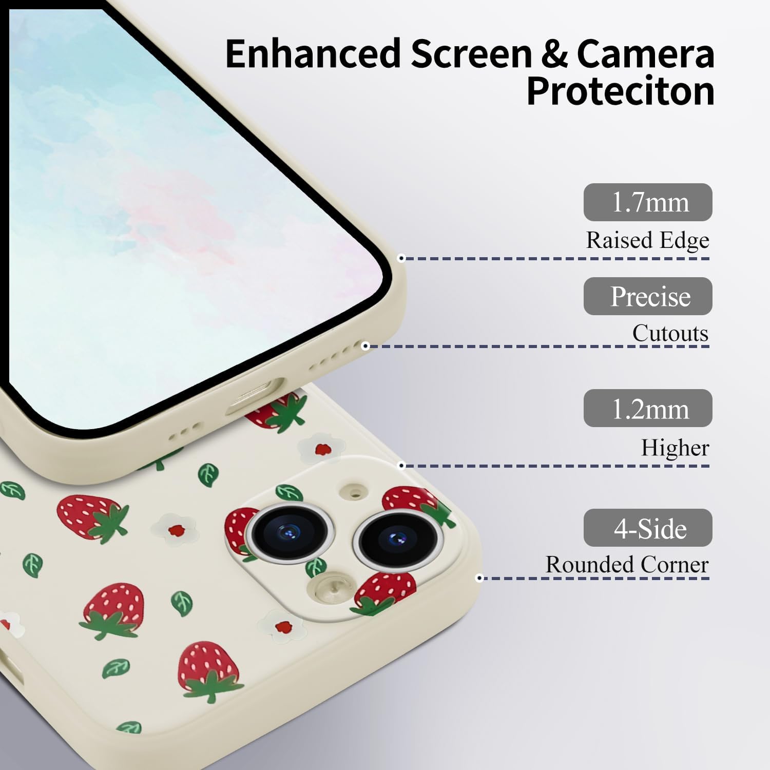Cute Strawberry Floral Phone Case for iPhone 15 Strawberry Case Cover Liquid Silicone Soft Gel Rubber Matt Phone Cover with Microfiber Lining Protective Cover - Image 3