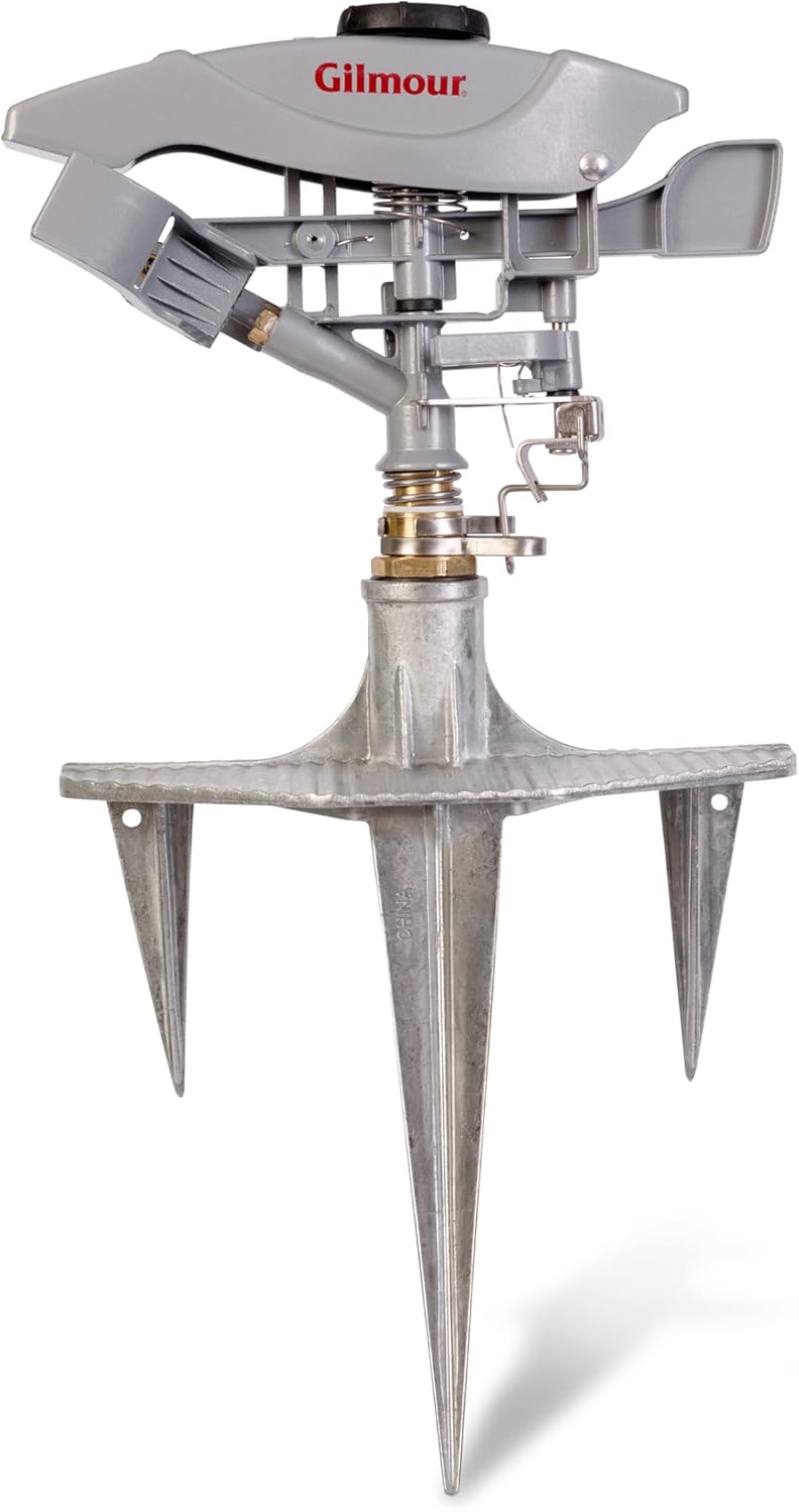Gilmour Pro Heavy Duty Circular Water Sprinkler with Spike Base, Rotating Sprinkler Head with Adjustable Spray Pattern, Lawn Sprinkler for Large Area Coverage, Silver